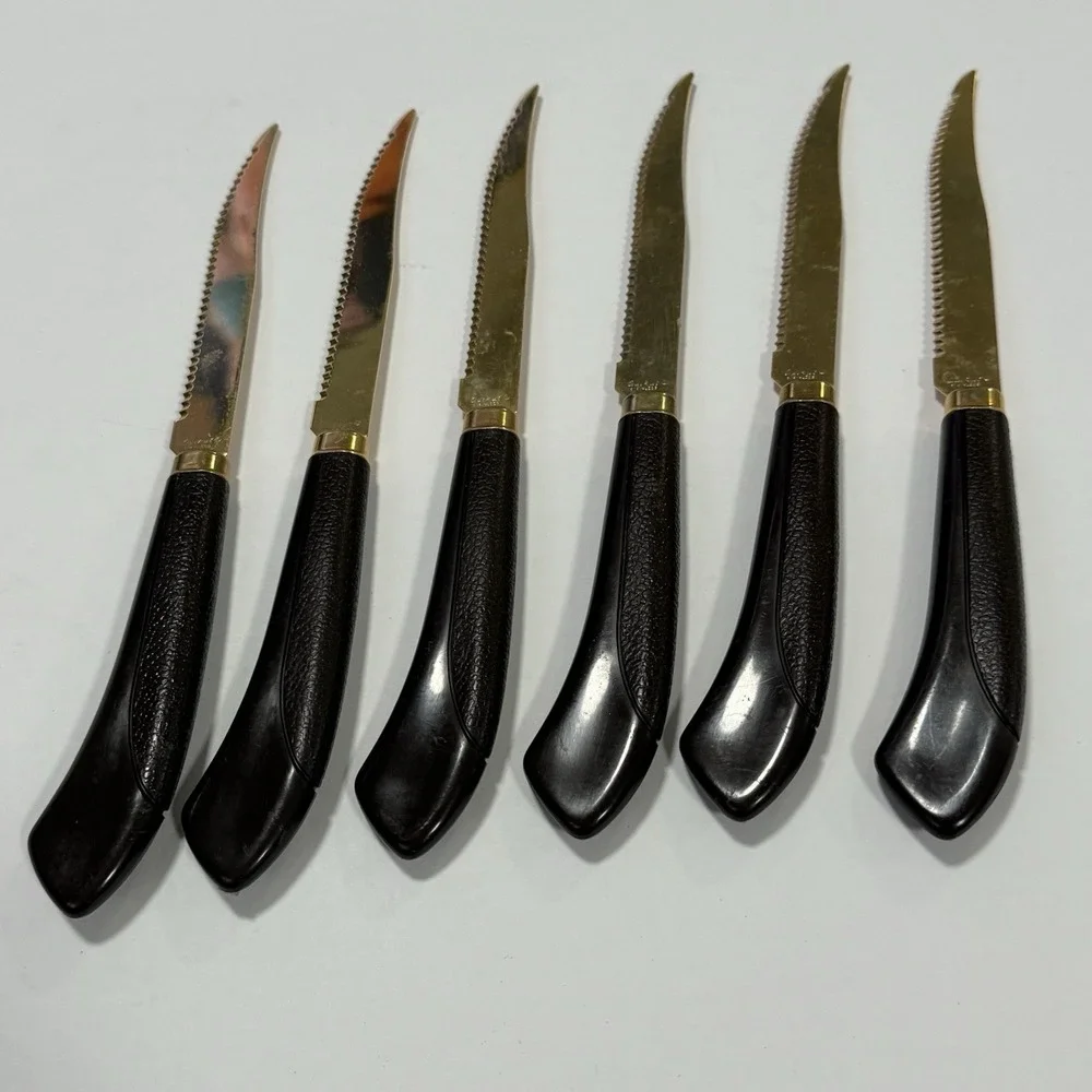 Quikut Gold Blade Faux Wood Handle Knives Set Of 6 Stainless USA